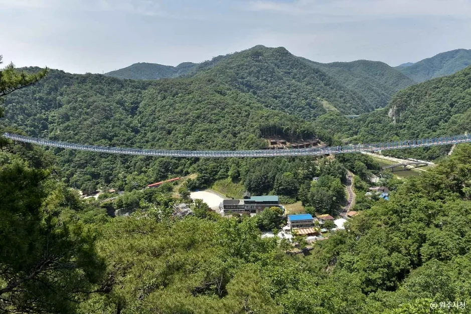 간현관광지 계곡 위를 가로지르는 원주 소금산 출렁다리 전경