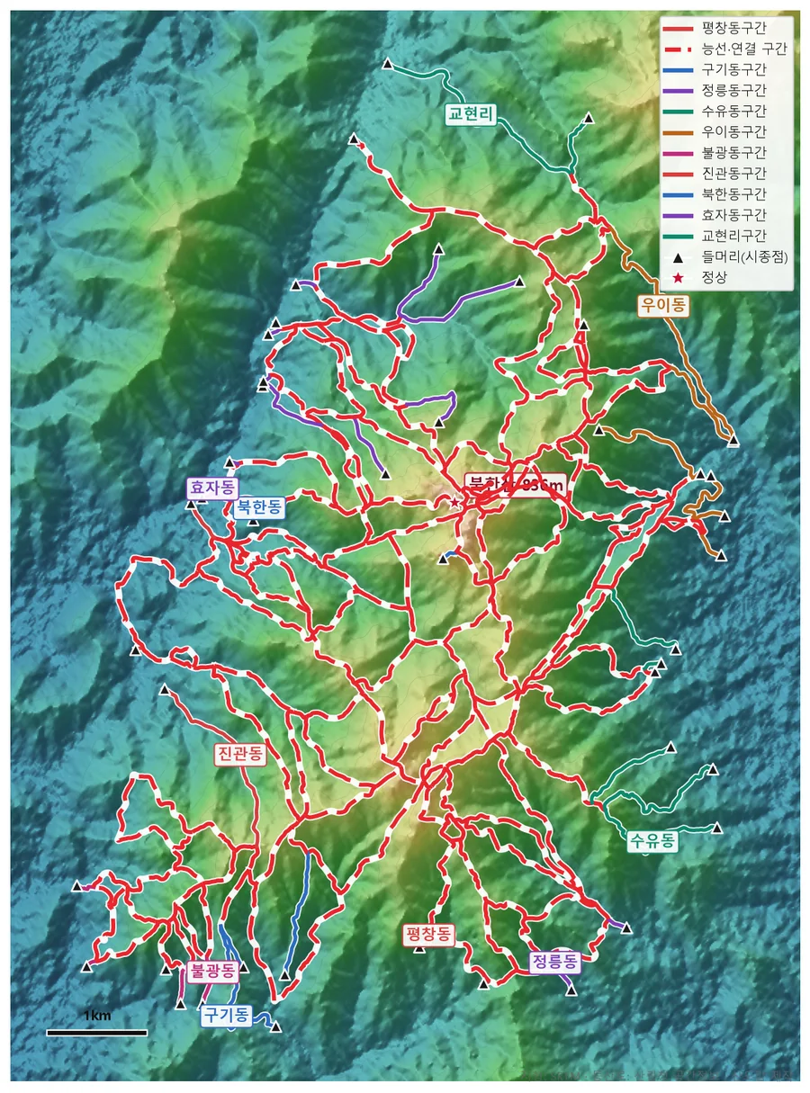 Bukhansan map — hiking trails on shaded terrain with trailheads and Baegundae Peak marked