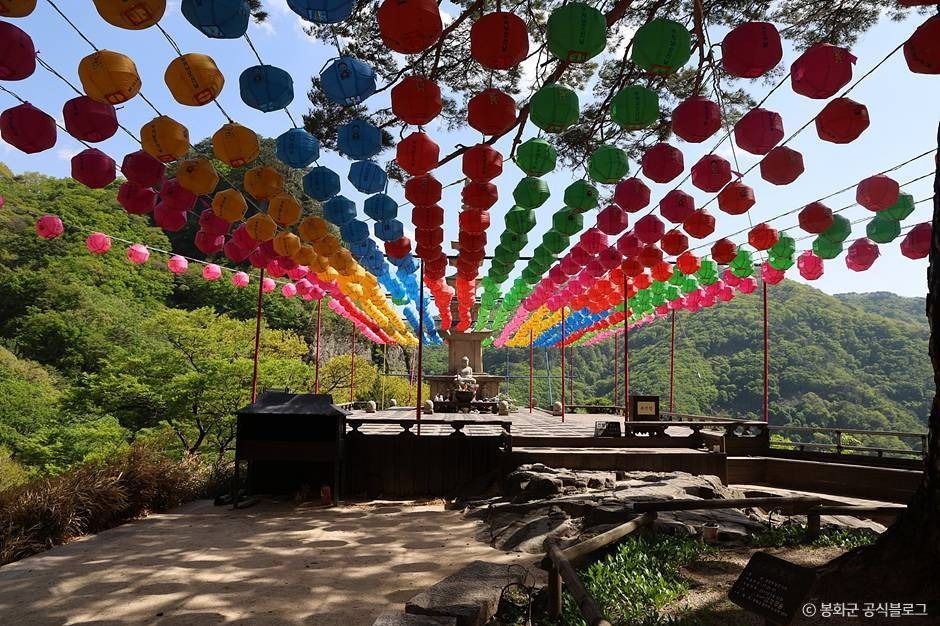 청량사 마당을 가득 채운 연등. 봉우리를 배경으로 색색이 걸린다. ⓒ한국