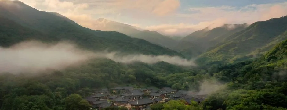 조계산 품에 안긴 송광사 전경 — 산자락과 운무