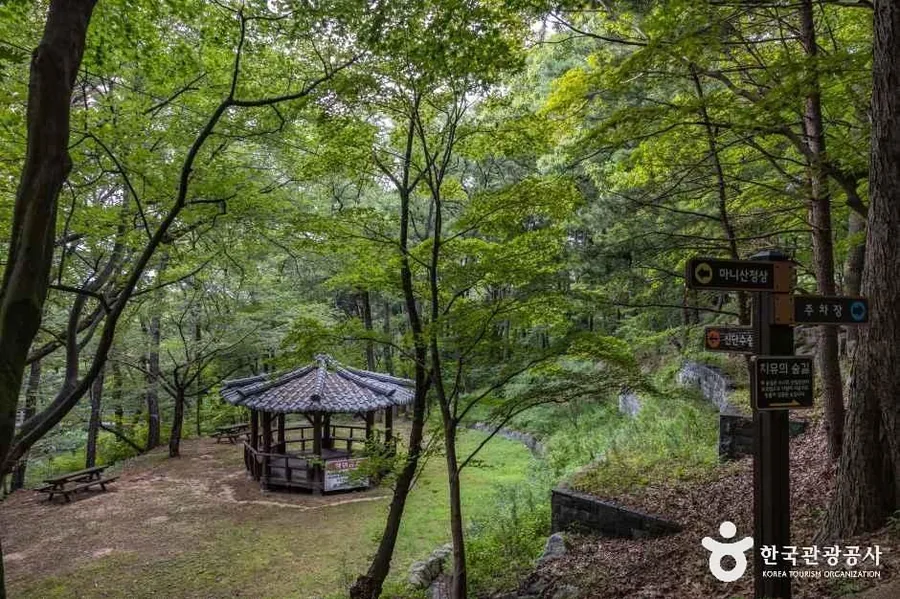 봄 — 치유의 숲길 쉼터. 정상과 주차장 이정표가 함께 서 있다 ⓒ한국관광공사 