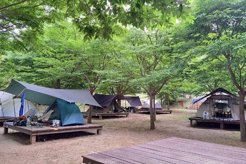 함허동천 야영장 데크와 텐트