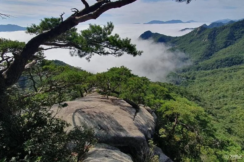 운악산 능선 바위 전망대와 운해