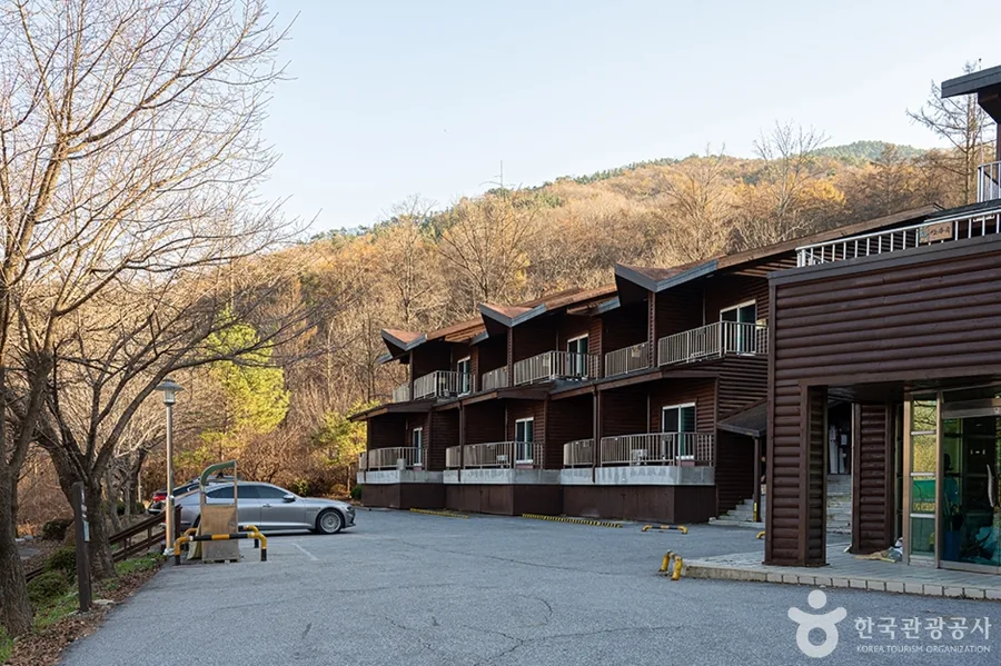 국립유명산자연휴양림 목조 숙박동과 주차장