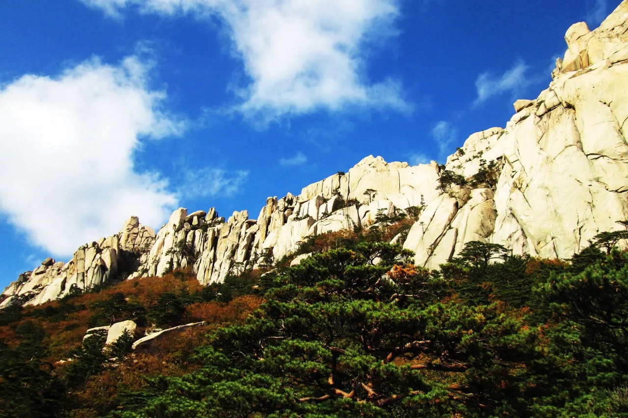 Autumn colour below granite cliffs in Seoraksan National Park